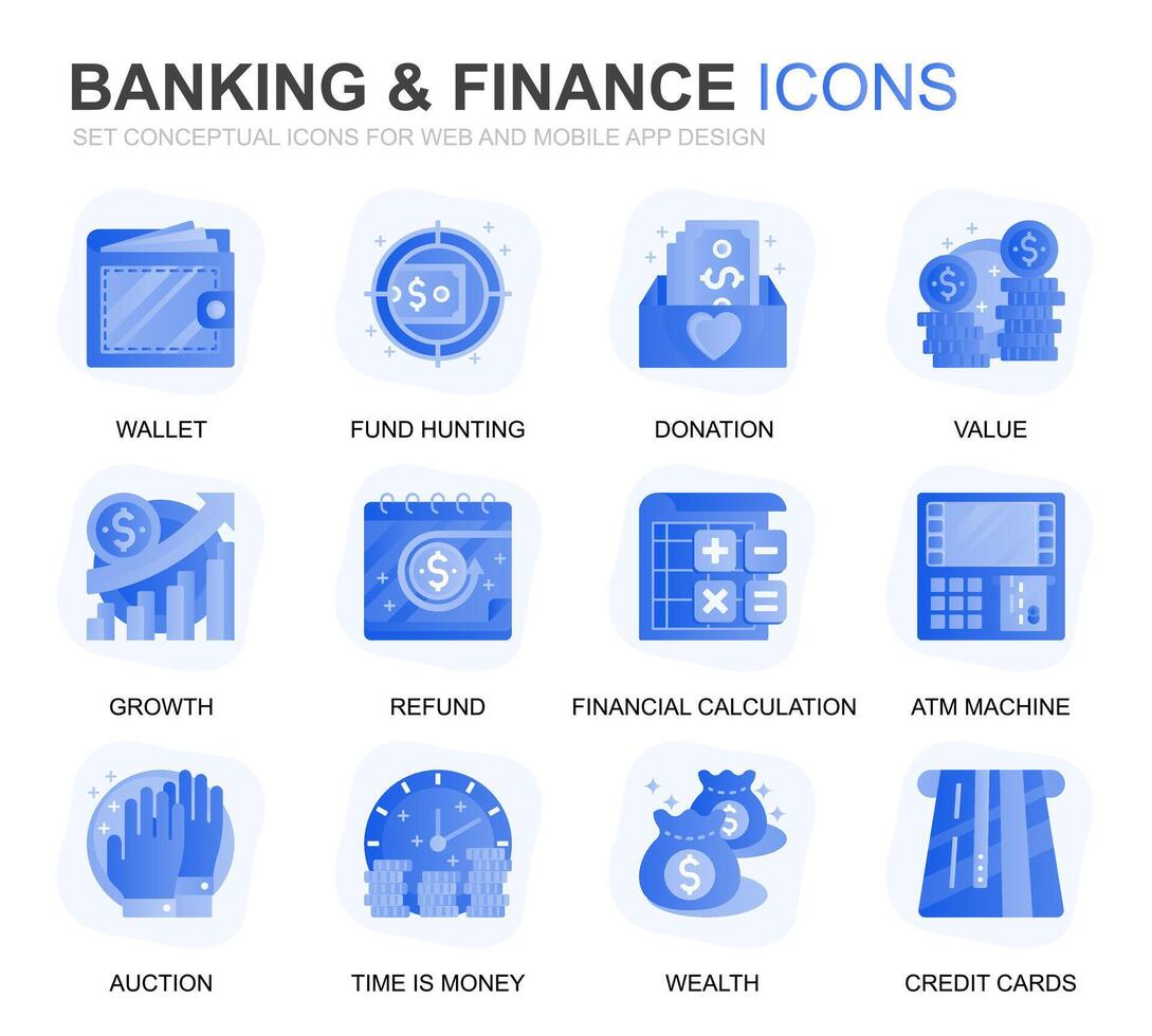 moderno conjunto bancário e finança gradiente plano ícones para local na rede Internet e Móvel aplicativos. contém tal ícones Como equilíbrio, banco eletrônico, leilão, financeiro crescimento. conceptual cor plano ícone. pictograma pacote. vetor