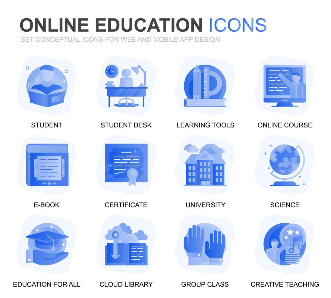 moderno conjunto Educação e conhecimento gradiente plano ícones para local na rede Internet e Móvel aplicativos. contém tal ícones Como conectados curso, universidade, estudo, livro. conceptual cor plano ícone. pictograma pacote. vetor