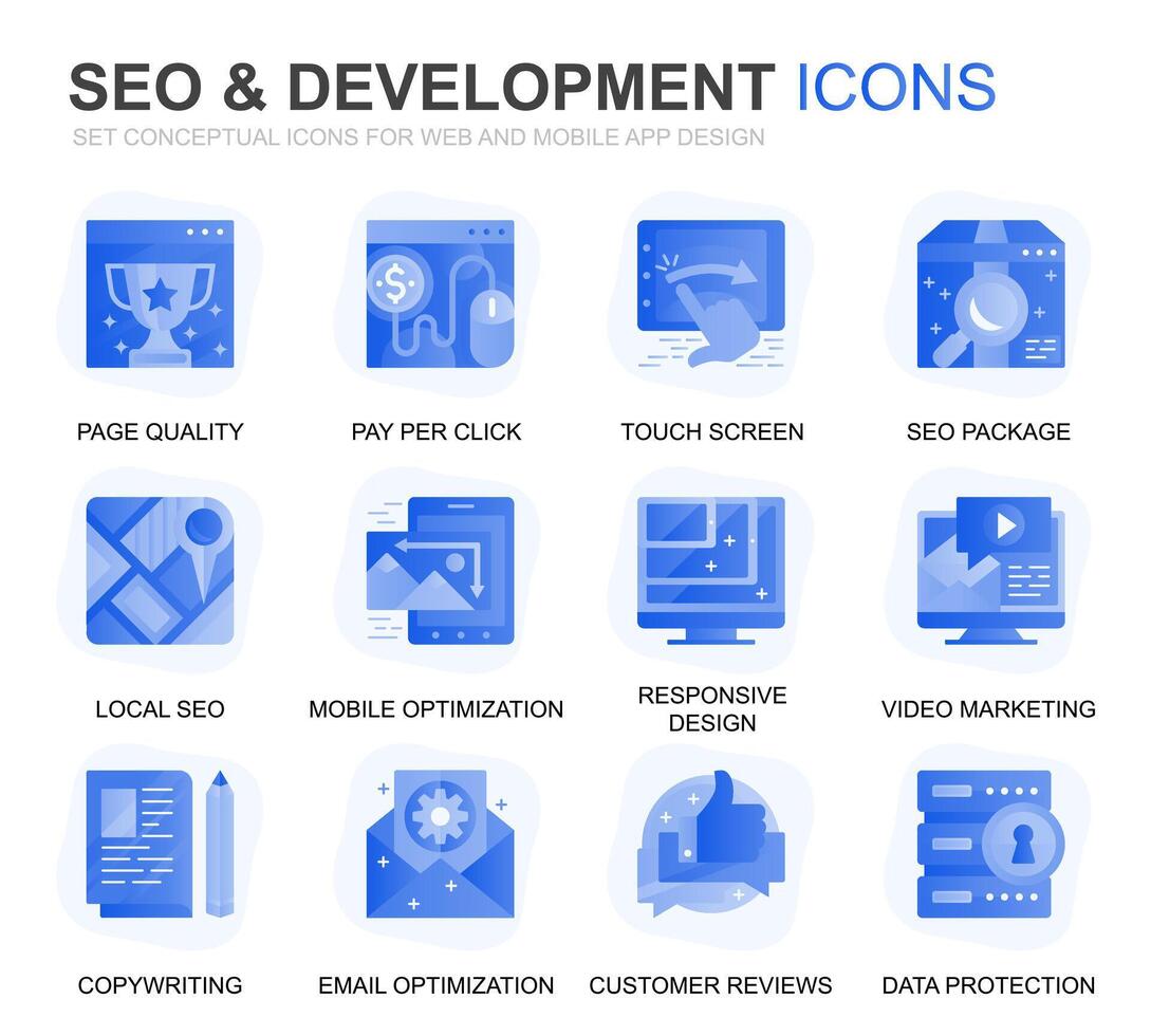 moderno conjunto seo e desenvolvimento gradiente plano ícones para local na rede Internet e Móvel aplicativos. contém tal ícones Como limpar \ limpo código, dados proteção, monitoramento. conceptual cor plano ícone. pictograma pacote. vetor