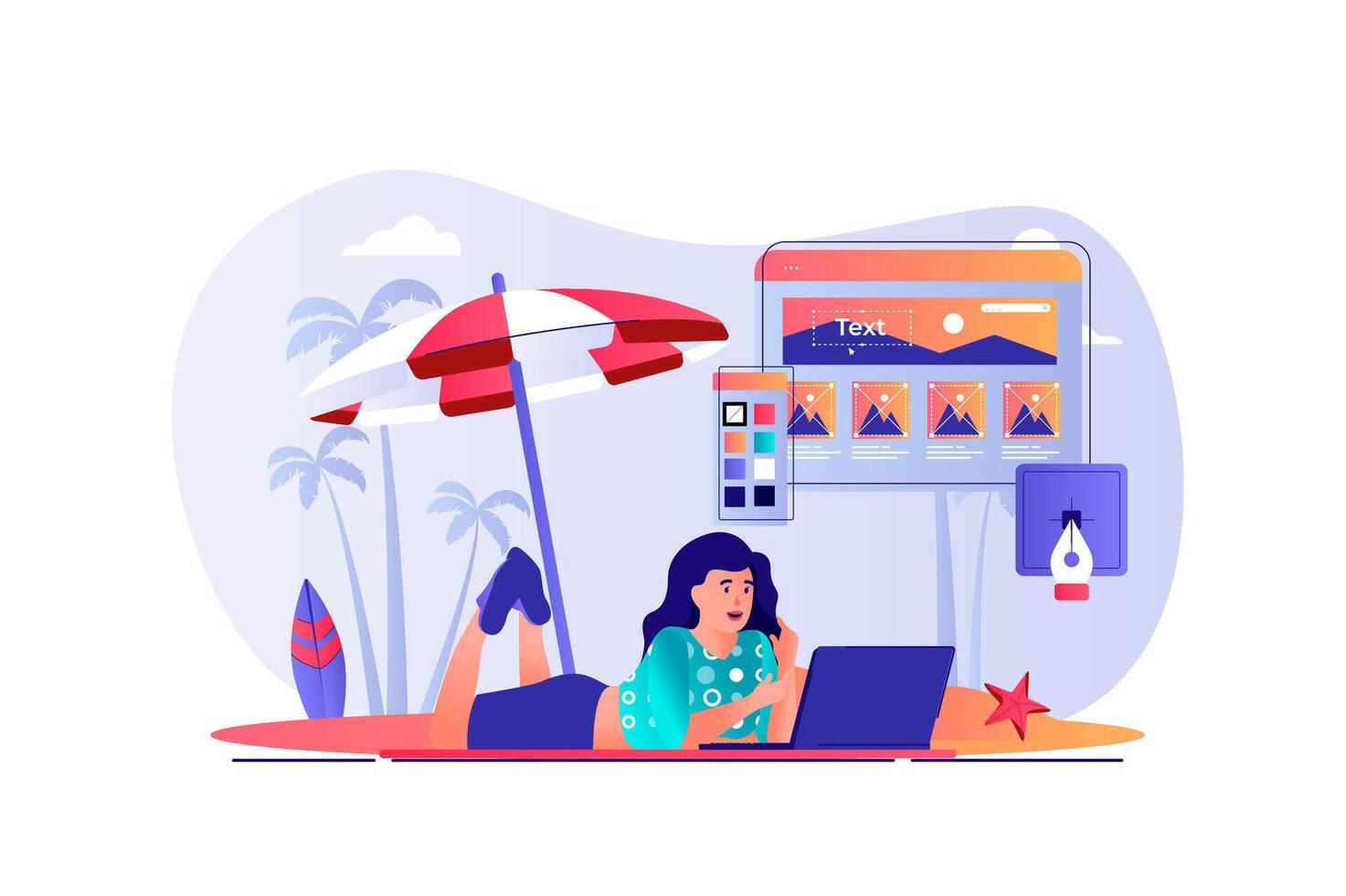 freelance trabalhando conceito com pessoas cena. mulher desenhador trabalhando às computador portátil e deitado às de praia de mar. controlo remoto empregado fazendo tarefas on-line. ilustração com personagens dentro plano Projeto para rede vetor