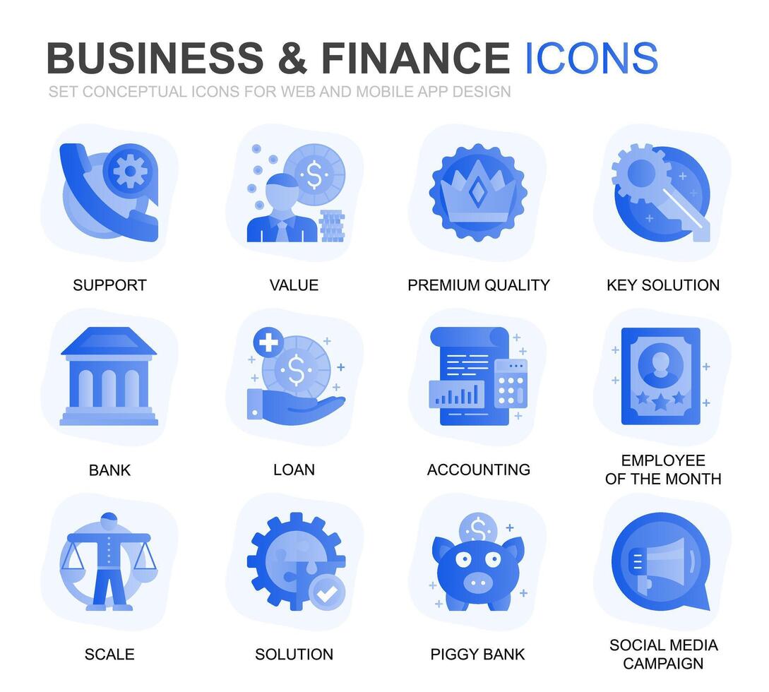 moderno conjunto o negócio e finança gradiente plano ícones para local na rede Internet e Móvel aplicativos. contém tal ícones Como análise, dinheiro, contabilidade, estratégia, banco. conceptual cor plano ícone. pictograma pacote. vetor