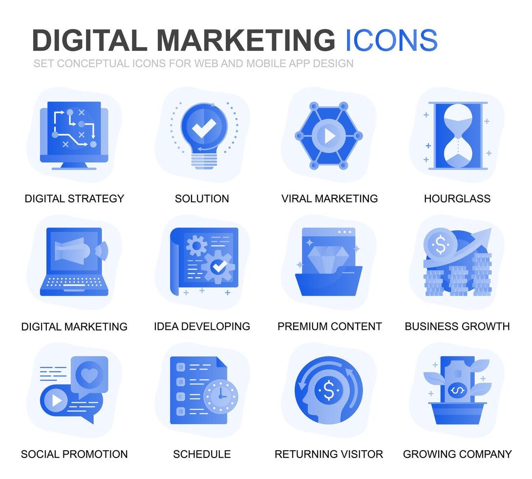 moderno conjunto o negócio e marketing gradiente plano ícones para local na rede Internet e Móvel aplicativos. contém tal ícones Como digital estratégia, global solução, mercado. conceptual cor plano ícone. pictograma pacote. vetor