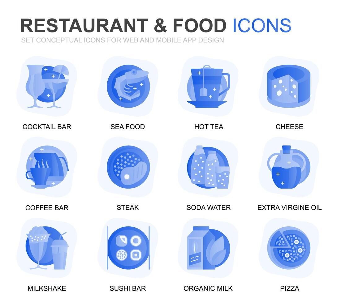 moderno conjunto restaurante e Comida gradiente plano ícones para local na rede Internet e Móvel aplicativos. contém tal ícones Como velozes comida, cardápio, orgânico fruta, café bar. conceptual cor plano ícone. pictograma pacote. vetor