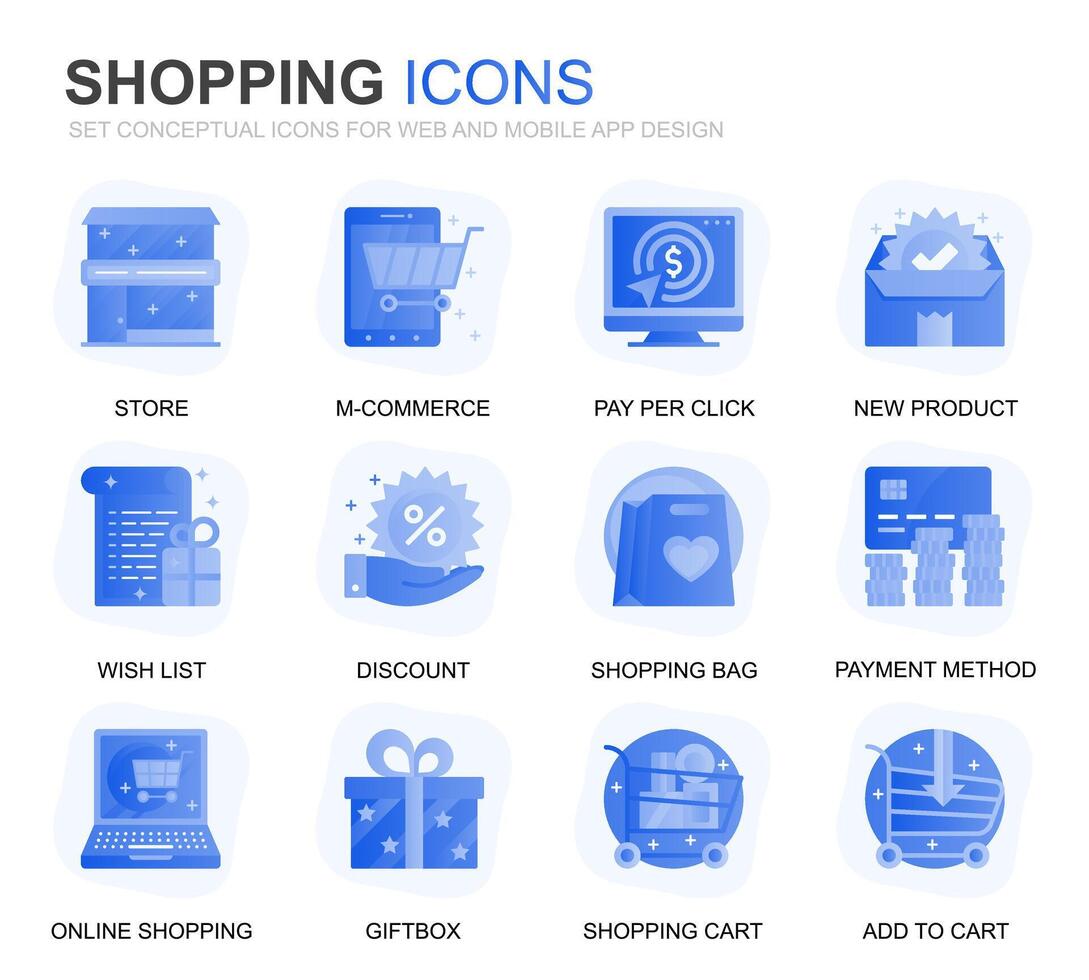 moderno conjunto compras e comércio eletrônico gradiente plano ícones para local na rede Internet e Móvel aplicativos. contém tal ícones Como entrega, Forma de pagamento método, loja, comércio. conceptual cor plano ícone. pictograma pacote. vetor