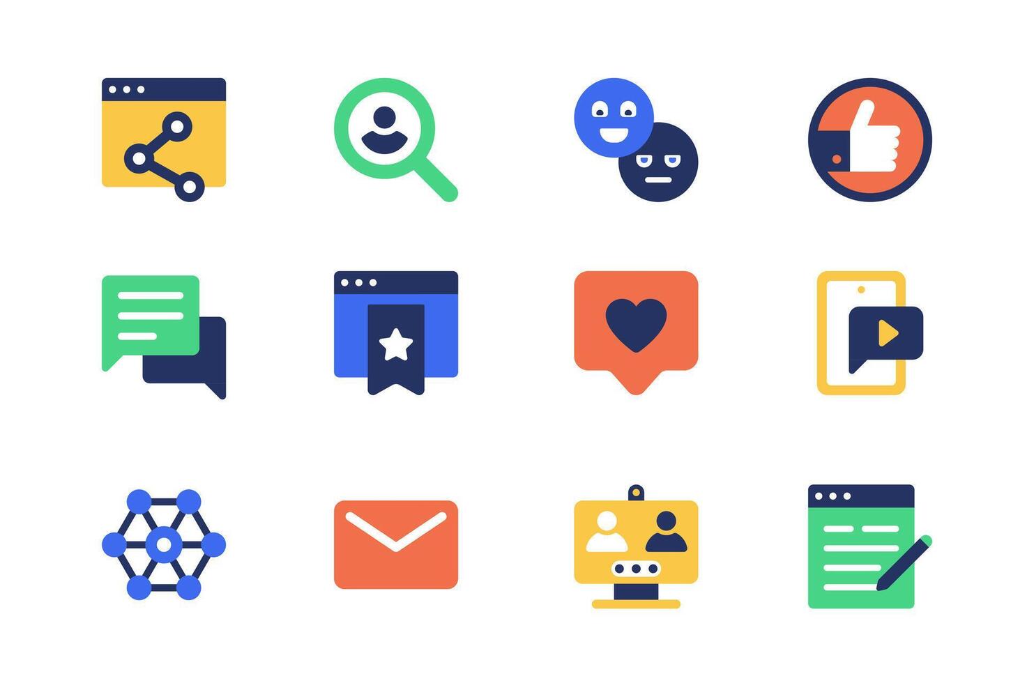 social meios de comunicação conceito do rede ícones conjunto dentro simples plano Projeto. pacote do ligação compartilhamento, procurando, emoticon, como, coração, bater papo, jogador, e-mail, Internet e outro. pictogramas para Móvel aplicativo vetor