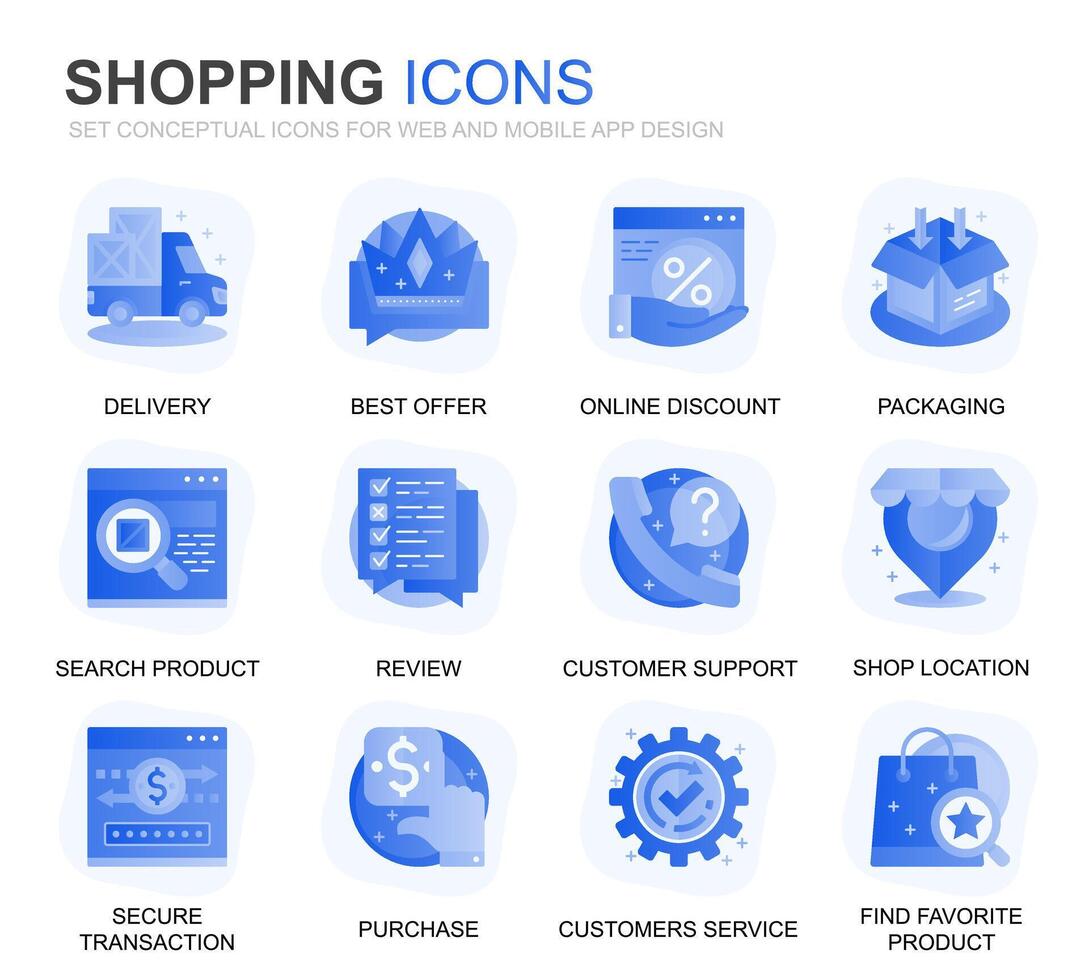 moderno conjunto compras e comércio eletrônico gradiente plano ícones para local na rede Internet e Móvel aplicativos. contém tal ícones Como entrega, Forma de pagamento método, loja, comércio. conceptual cor plano ícone. pictograma pacote. vetor