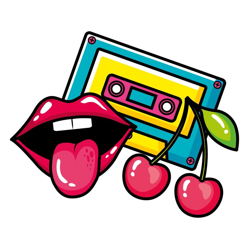 música cassete com cerejas e ícone do estilo pop art de boca sexy vetor
