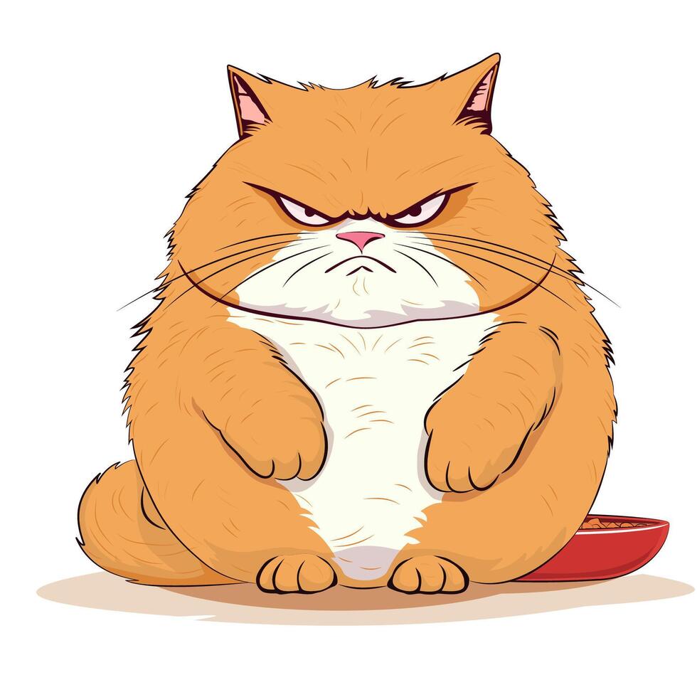 Bravo gordo vermelho gato guardando dele Comida vetor
