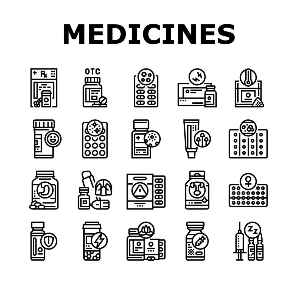 medicação farmacia saúde médico ícones conjunto vetor