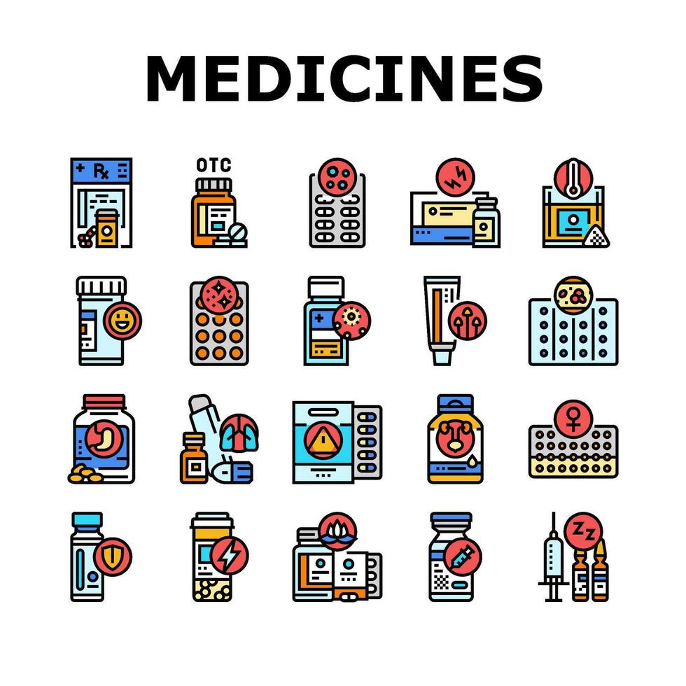 medicação farmacia saúde médico ícones conjunto vetor