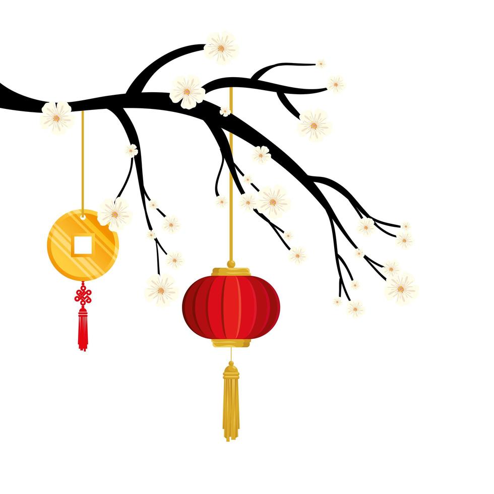 galho de árvore com lanterna e decoração chinesa pendurada vetor