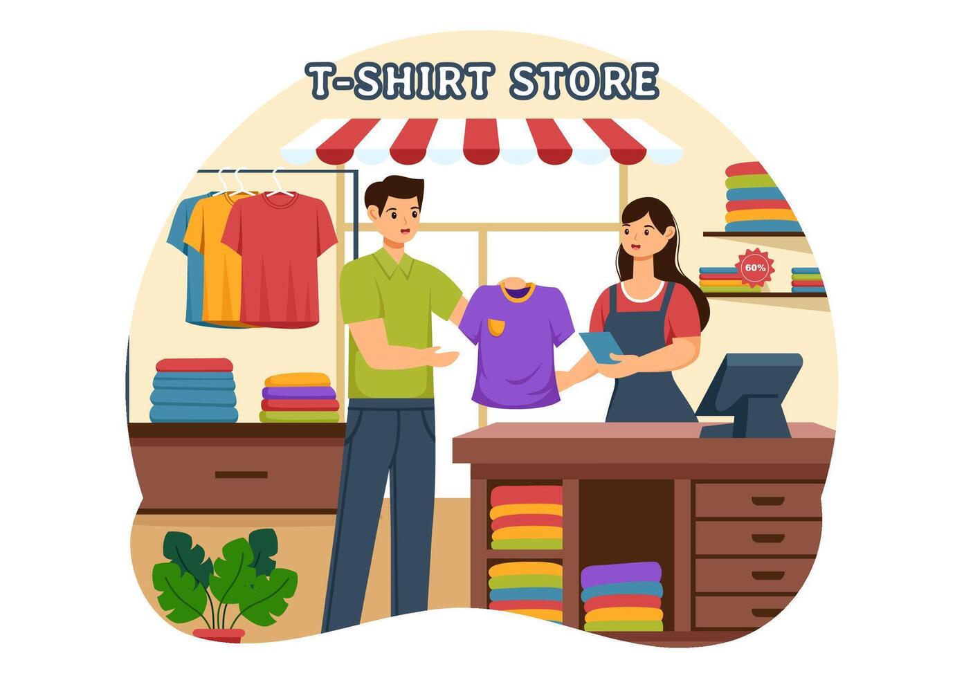 t camisa loja ilustração com compras para roupas ou camiseta para moda estilos mulheres ou homens dentro plano desenho animado fundo Projeto vetor