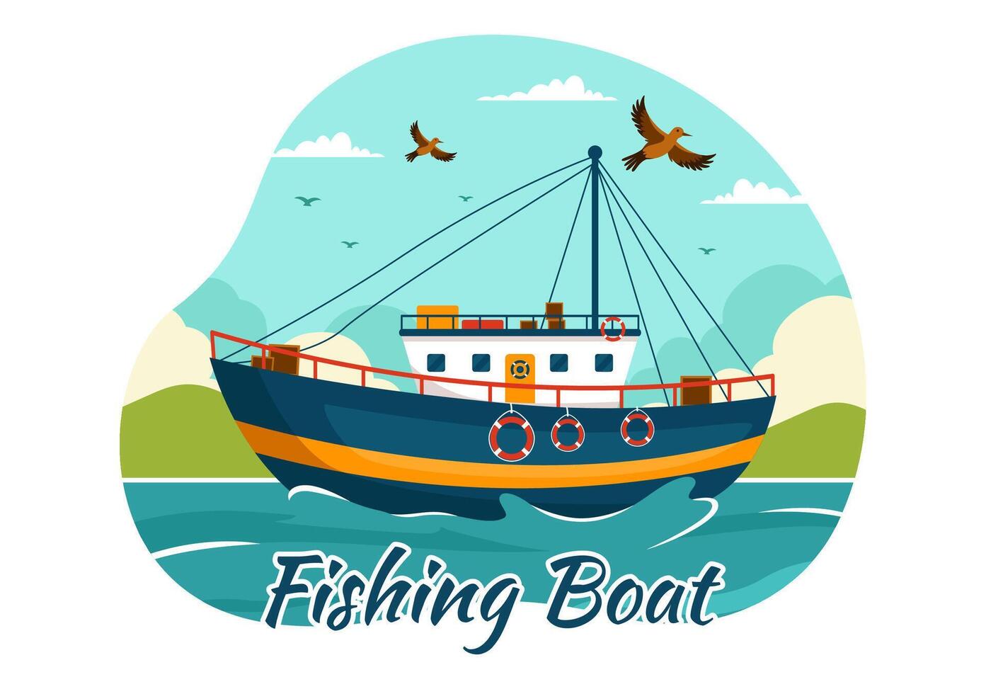 pescaria barco ilustração com pescadores Caçando peixe usando navio às mar dentro plano desenho animado fundo Projeto vetor