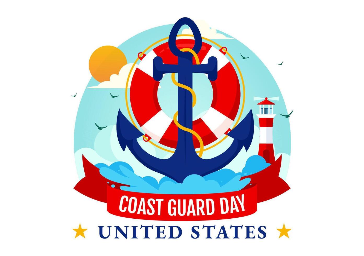 Unidos estados costa guarda dia ilustração em agosto 4 com americano acenando bandeira e navio dentro nacional feriado plano desenho animado fundo vetor