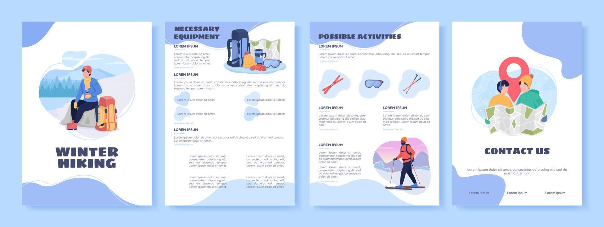 caminhadas de inverno modelo de folheto de vetor plana. atividade sazonal. folheto, livreto, design de folheto para impressão com ilustrações planas. página de revista, relatórios de desenhos animados, cartazes de infográfico com espaço de texto