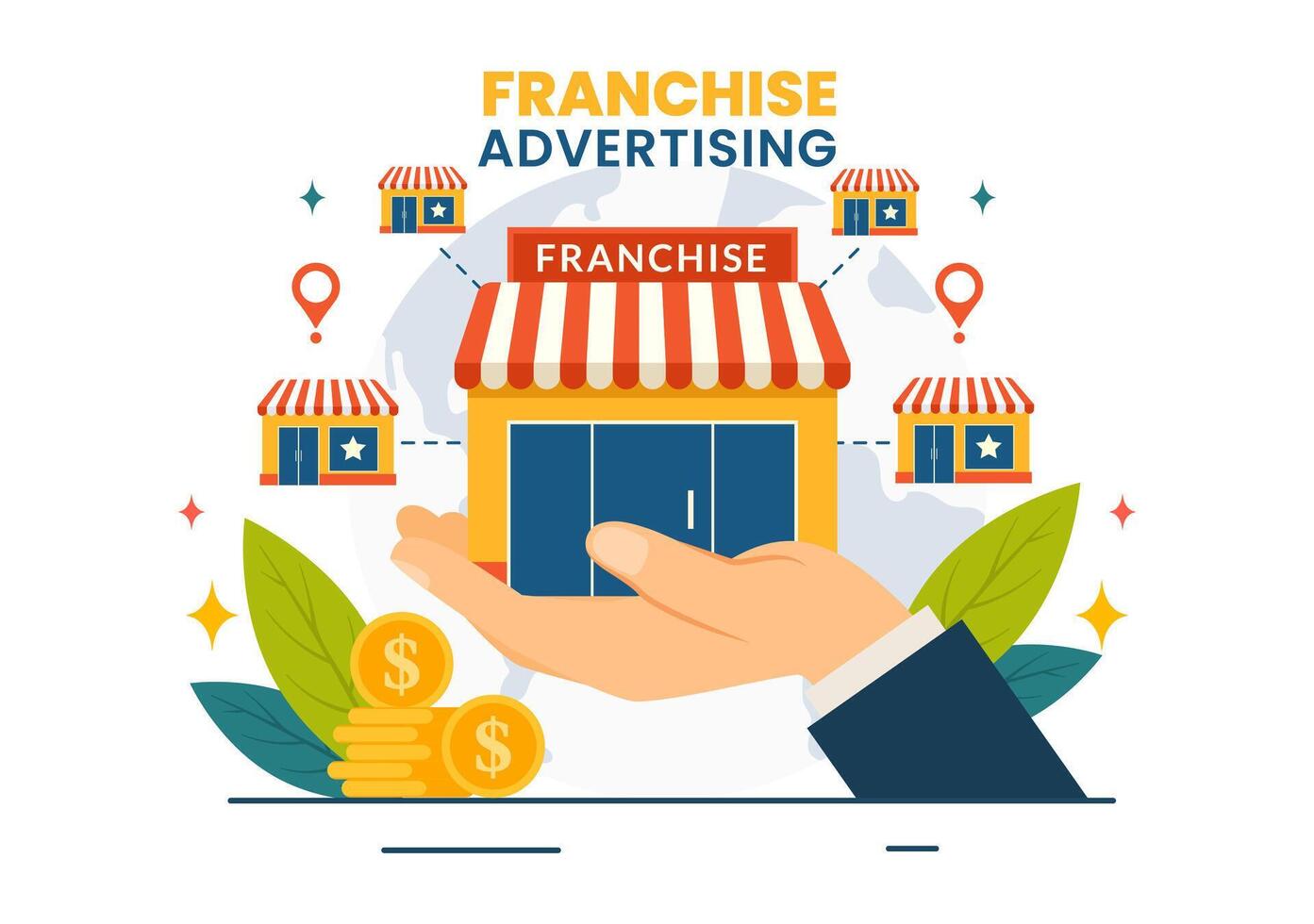franquia publicidade ilustração com o negócio e finança para promovendo bem sucedido marca ou marketing dentro plano desenho animado fundo vetor