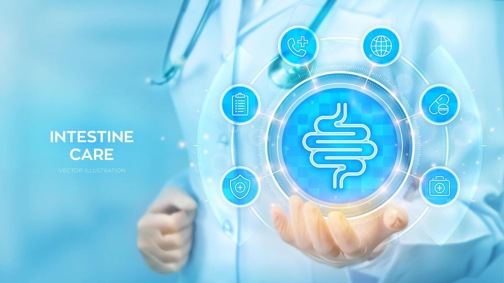 intestino Cuidado. tratamento do a intestino. intestinal inflamação, enterite, colite, disbacteriose. médico segurando dentro mão intestino ícone e remédio ícones rede conexão. ilustração. vetor