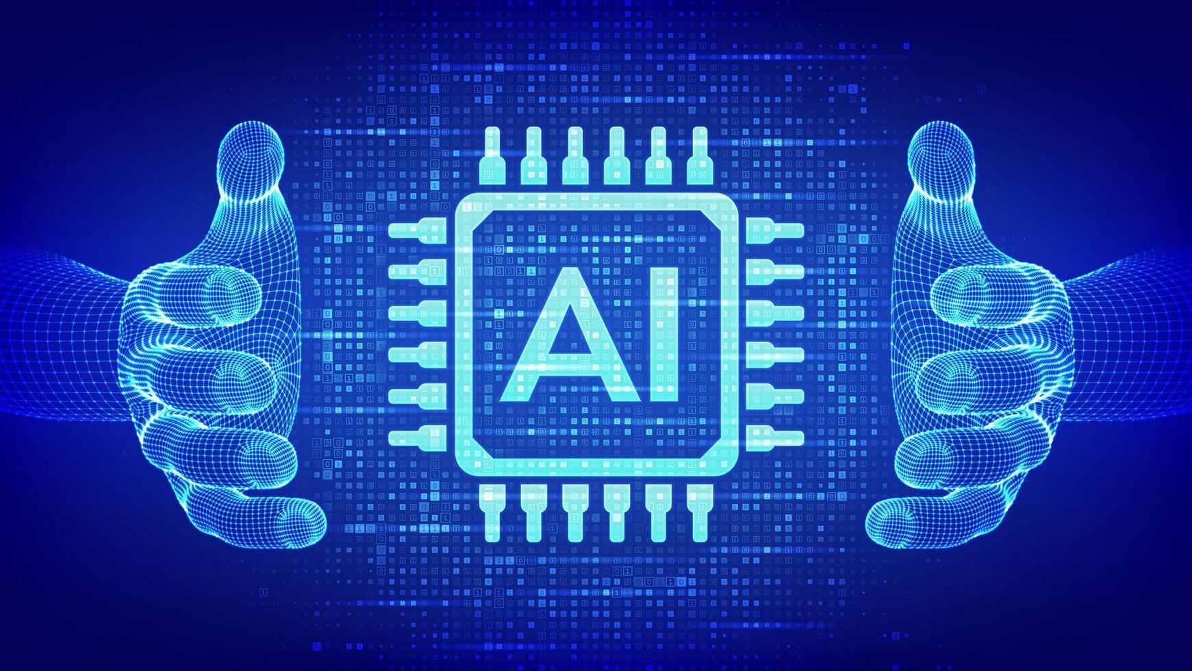 ai. artificial inteligência. ai ícone fez com binário código dentro estrutura de arame mãos. binário dados e transmissão digital código fundo. matriz fundo com dígitos 1.0. ilustração. vetor