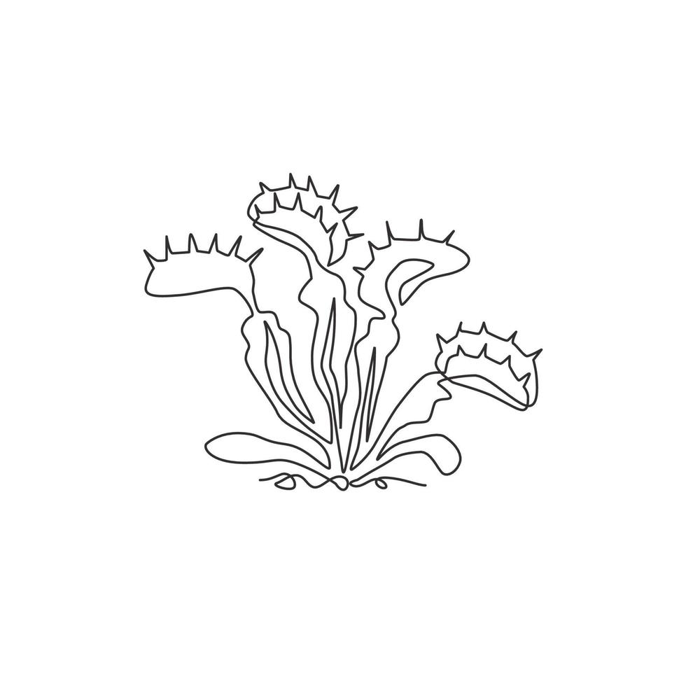 desenho de uma linha única e assustador flytrap venus fresco para o logotipo do jardim. decorativo do conceito de dionaea muscipula para impressão de cartaz de decoração de parede de arte em casa. ilustração em vetor desenho moderno linha contínua