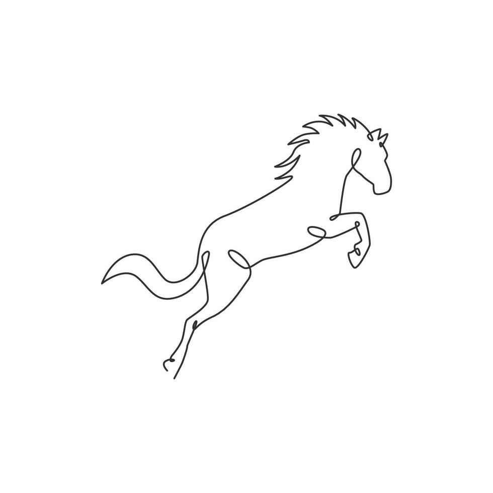 desenho de linha contínua única de salto elegante identidade do logotipo da empresa do cavalo. conceito de ícone animal forte mustang mamífero. tendência de uma linha desenhar ilustração de design gráfico vetor