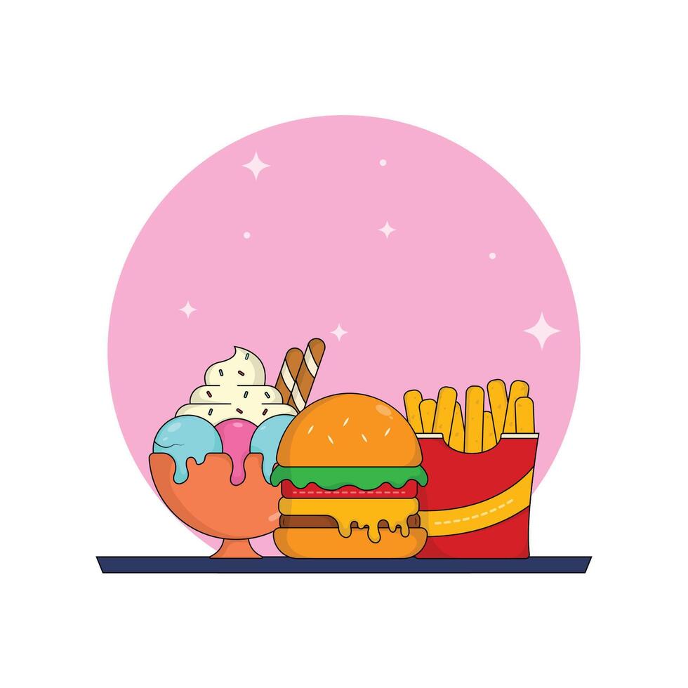 ícone combinação hambúrguer, gelo creme, francês fritas ilustração. rápido Comida e beber conceito adequado para aterrissagem página, adesivo, banner, plano de fundo, logotipo vetor
