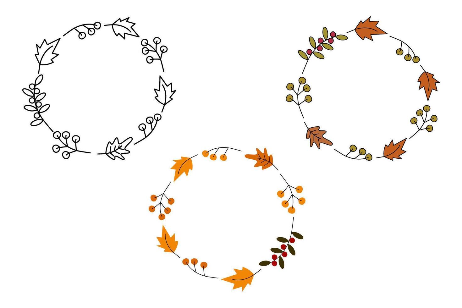 colorida e esboço circular quadros do outono folhas e galhos baga conjunto do 3 modelo cópia de espaço vetor