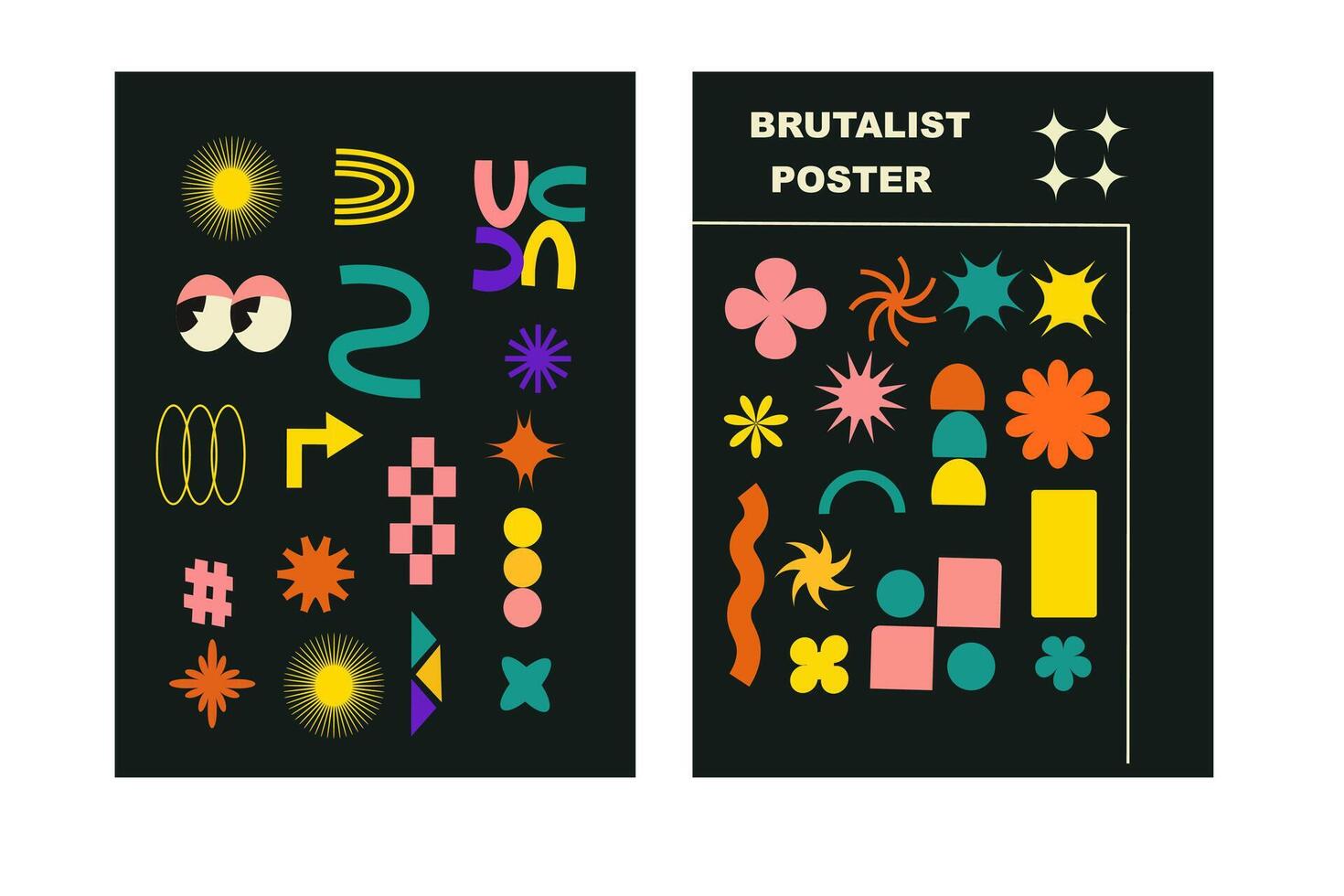 brutalista cartazes conjunto com ingênuo brincalhão formas e sorrir adesivos vetor