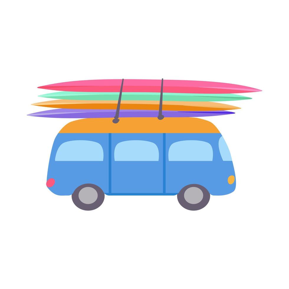 isolado fofa retro azul ônibus multicolorido pranchas de surf período de férias viagem plano impressão verão poster poster roupas papel vetor