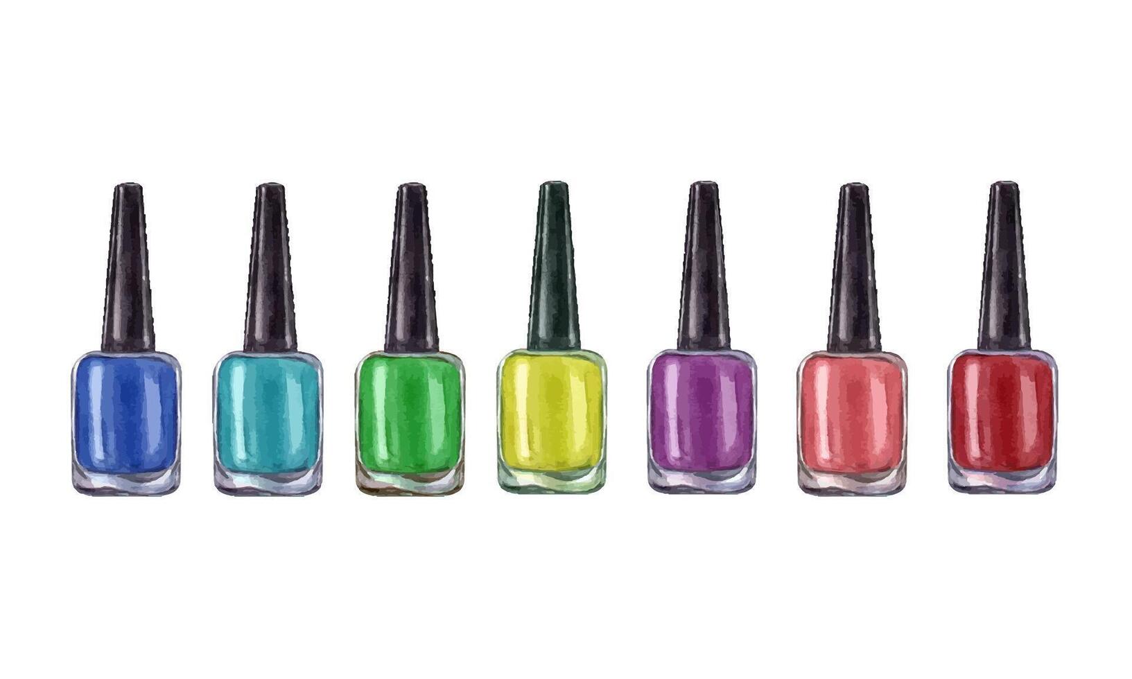 multicolorido conjunto do unha polonês garrafas. realista lustroso vidro com Preto boné. azul, verde, vermelho, amarelo, Rosa cores. aguarela ilustração. Como modelo para manicure Projeto para crio cartazes. vetor