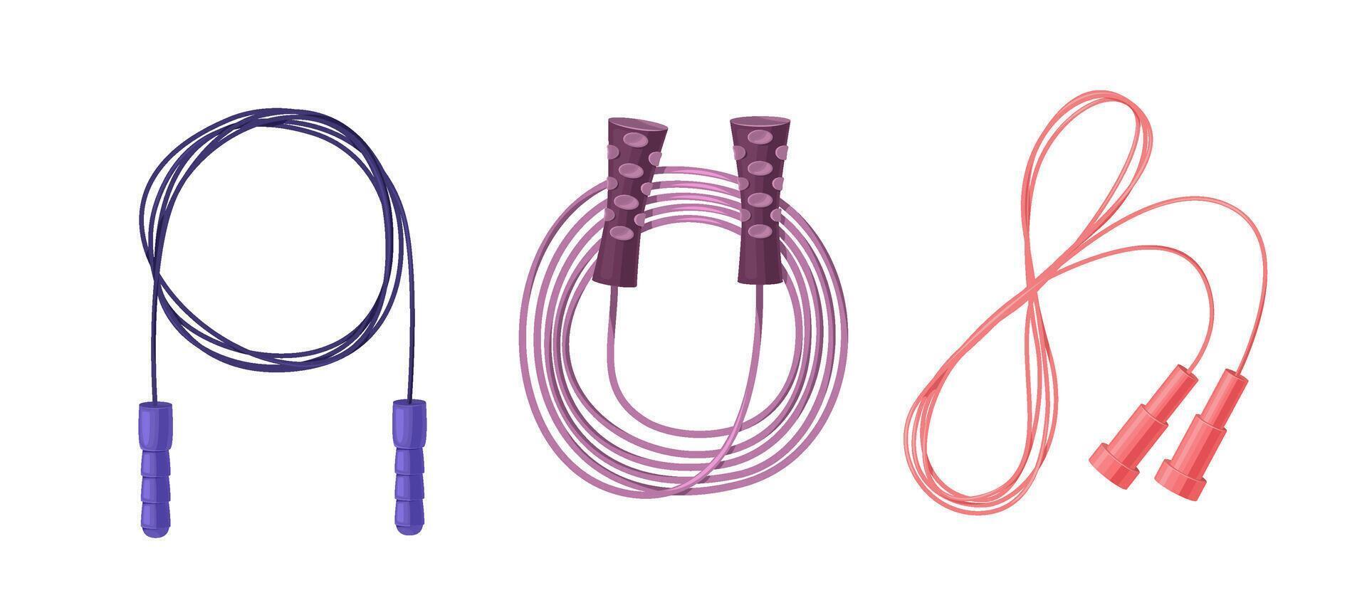 conjunto do colorida saltar cordas dentro roxo, tolet, e vermelho. ilustrações do ginástica equipamento para cardio exercícios. exercício e ginástica acessórios conceito. vetor