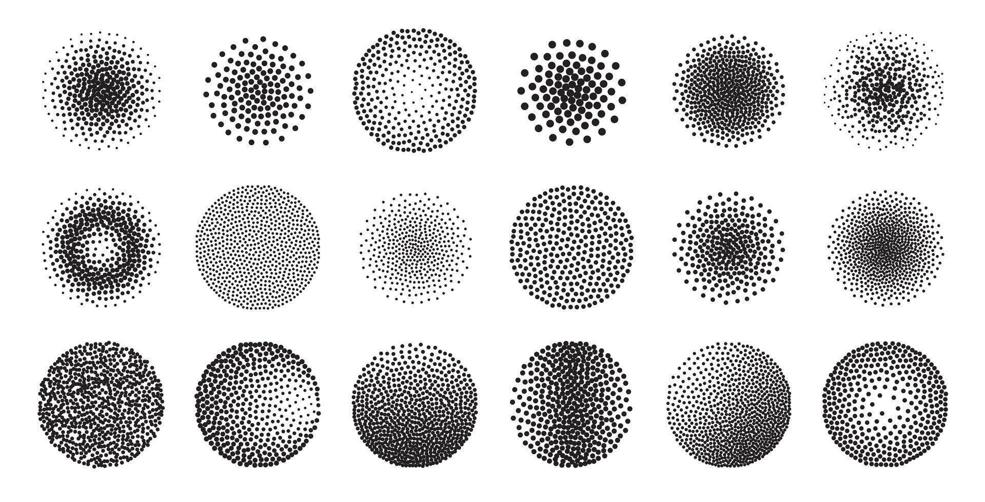 pontilhado escovas. volta meio-tom pontilhado padrões, gravação pontilhado radial elementos para artístico escovas. grão pontilhado grunge gradiente, espirrado manchas conjunto vetor
