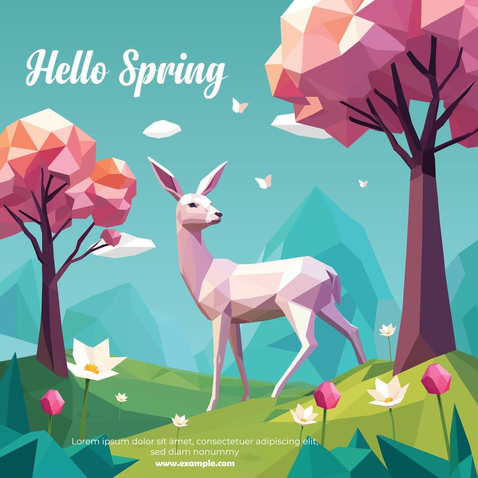 Olá Primavera cartão modelo com baixo poli veado com flores e natureza geométrico poligonal estilo vetor