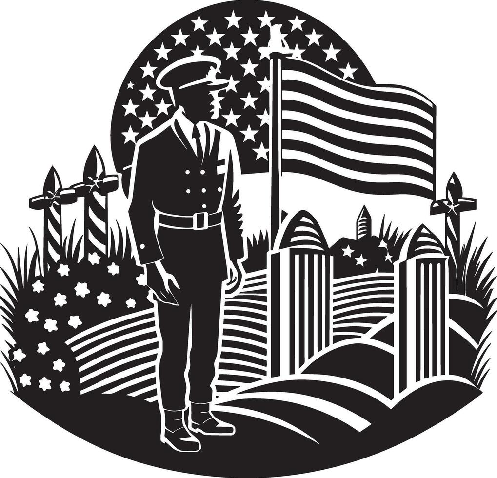 americano bandeira com silhueta do soldado em a fundo. 4º do Julho vetor