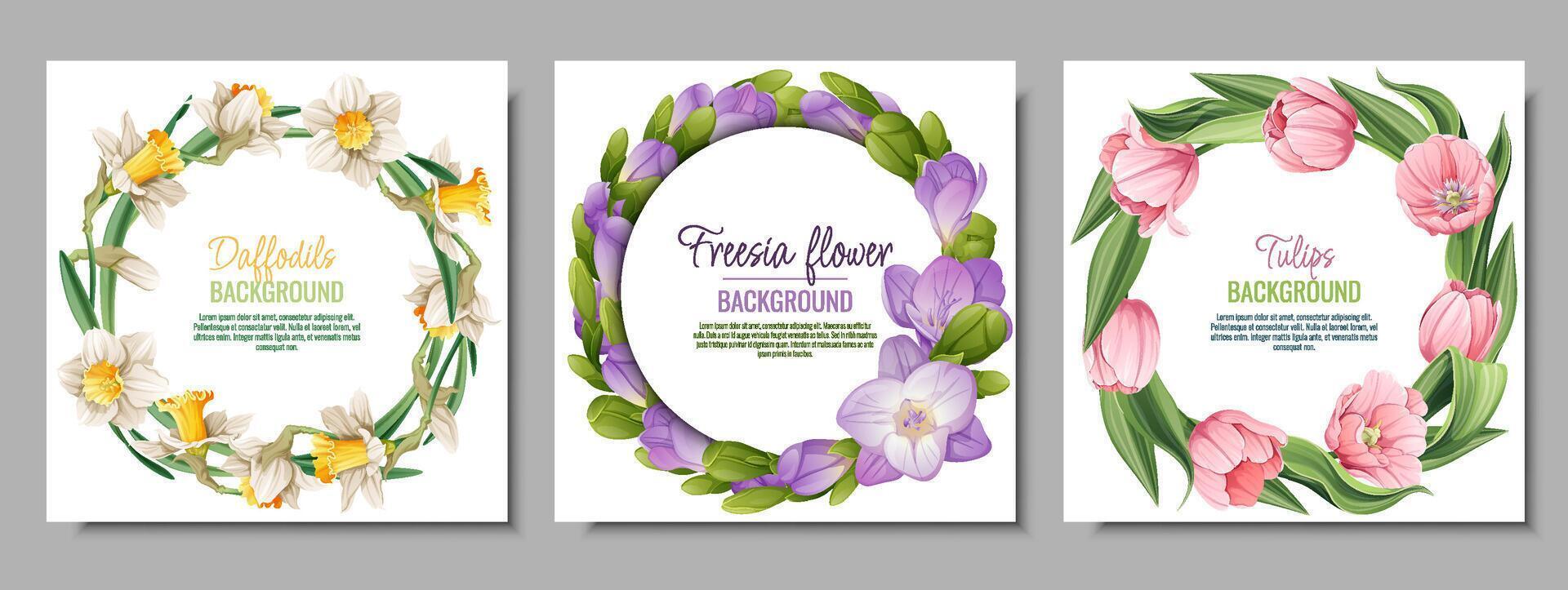 conjunto do coroas com Primavera flores cartão postal, poster com tulipas, narcisos, frésia. ilustração do delicado flores dentro desenho animado estilo para cartão, convite, fundo, etc. vetor