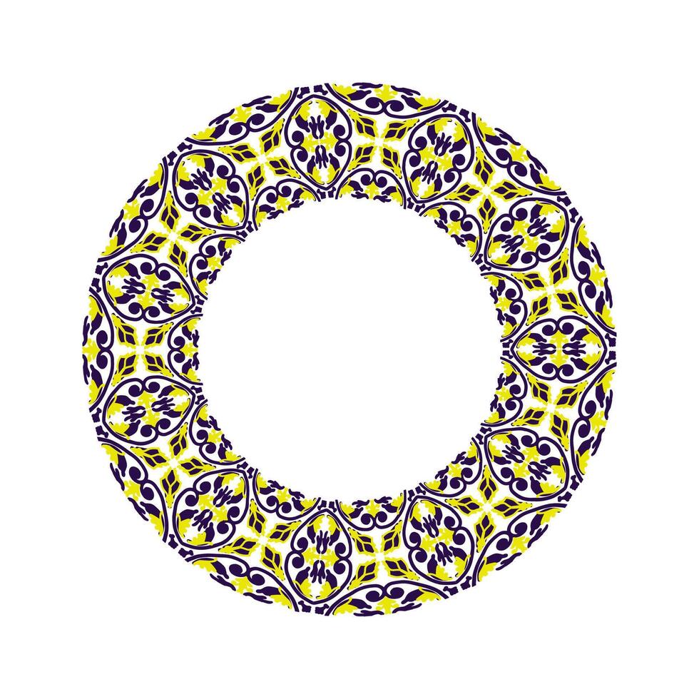 uma círculo com uma padronizar do amarelo e azul ornamento. a círculo é branco e a flores estão dentro diferente tamanhos e formas vetor