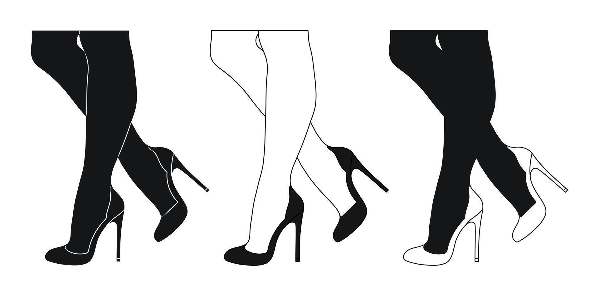 silhueta esboço do fêmea pernas dentro uma pose. sapatos estiletes, Alto salto. andando, de pé, correndo, pulando, dança vetor