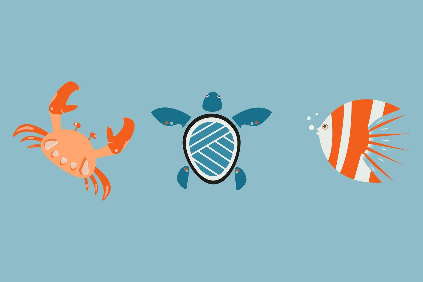 marinho conjunto do mar animais. tartaruga, caranguejo e peixe. plano ilustração vetor