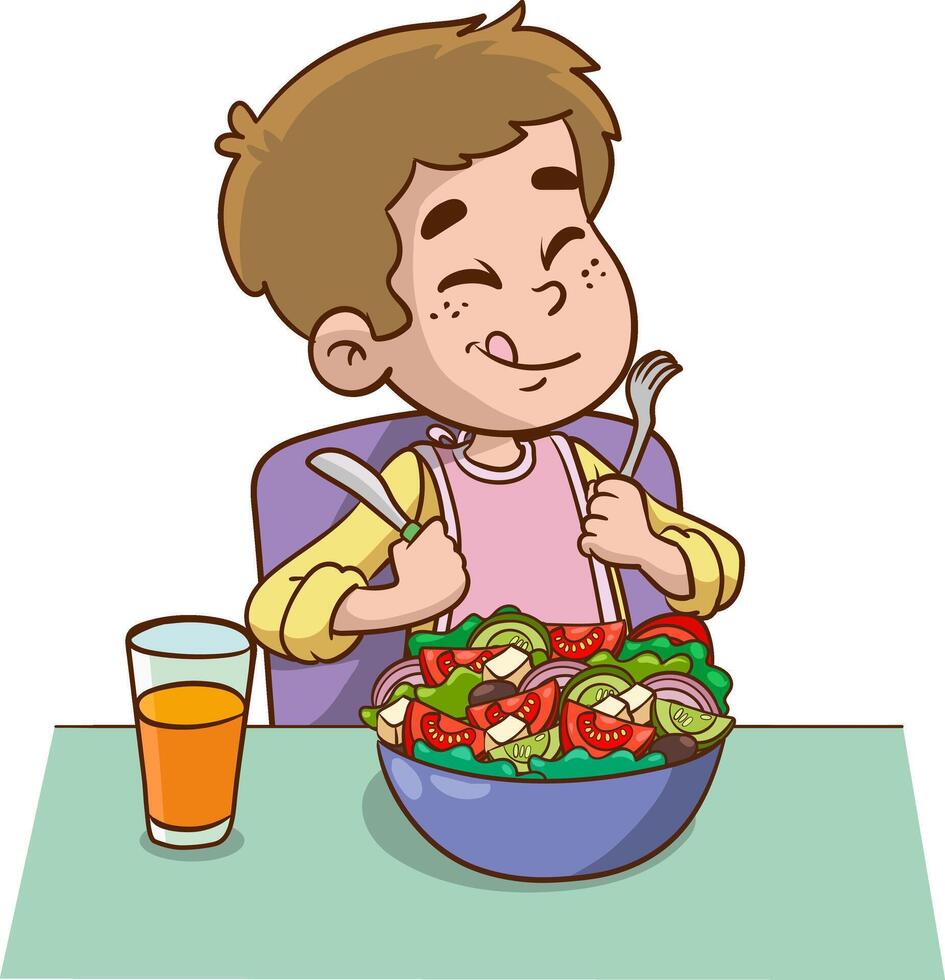 pequeno Garoto com fome feliz para comer ilustração vetor