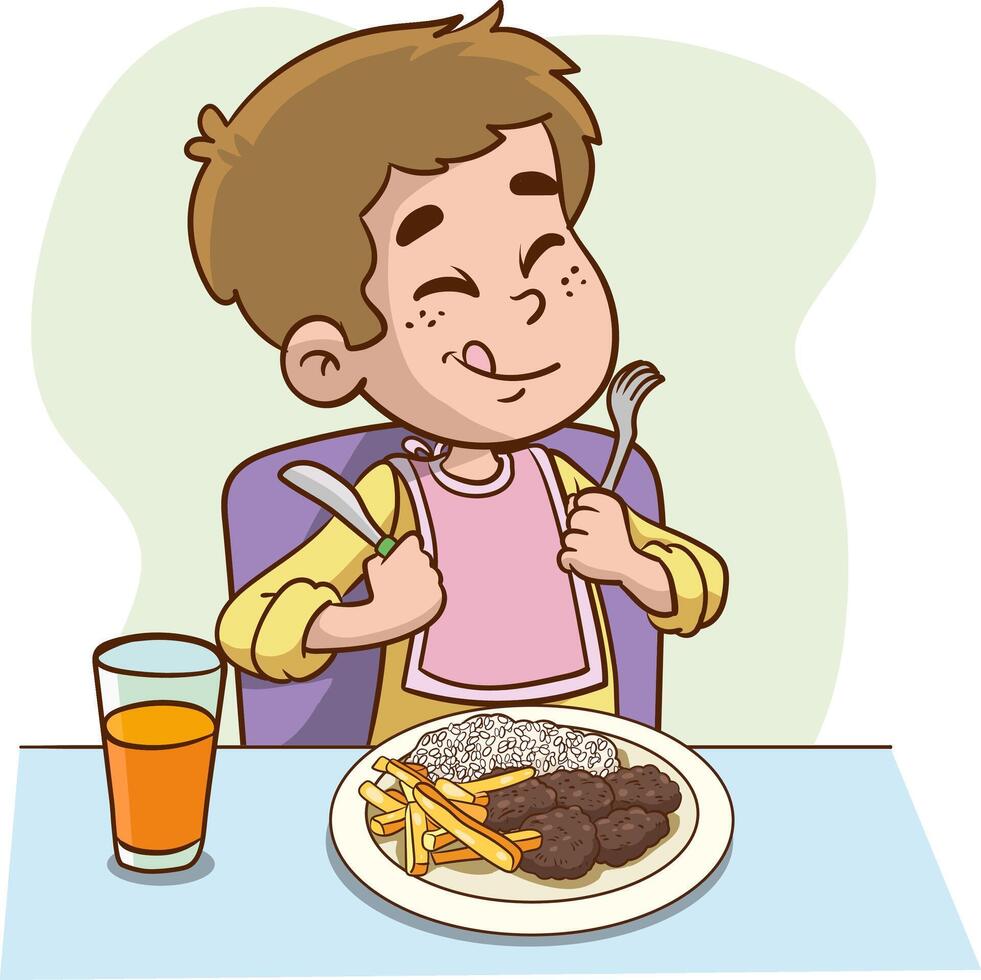 pequeno Garoto com fome feliz para comer ilustração vetor