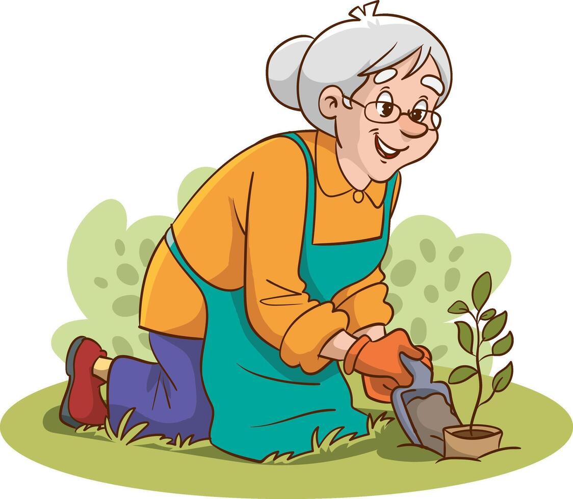 ilustração do velho mulher plantio flores vetor