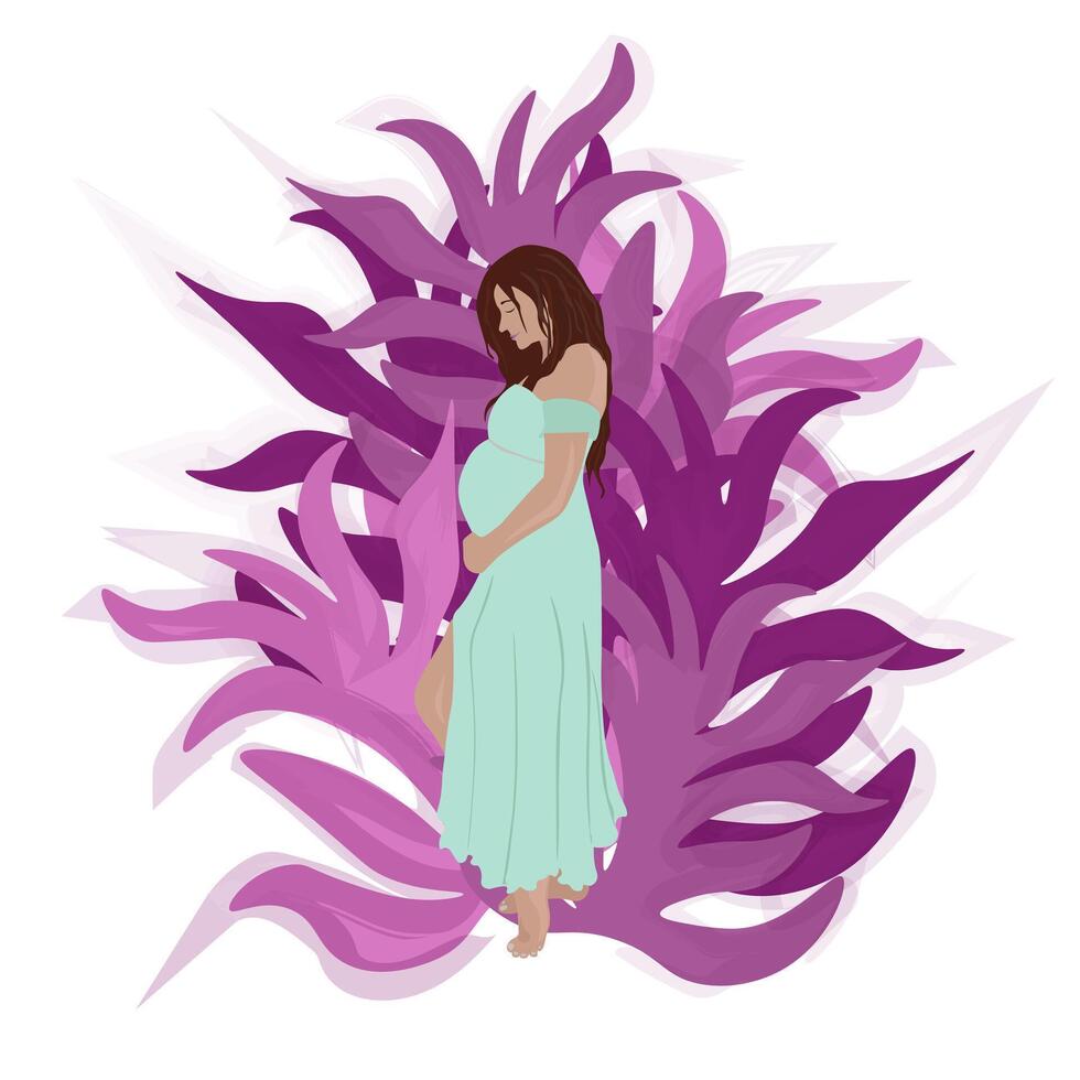 grávida cabelos escuros pele clara menina dentro grandes hortelã vestir em a fundo do roxa folhas vetor