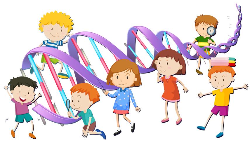 Meninos e meninas com modelo de DNA vetor