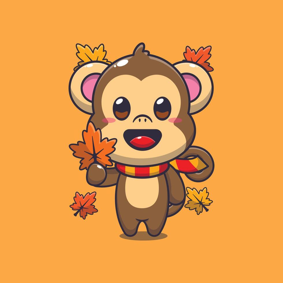 fofa macaco segurando outono folha. vetor