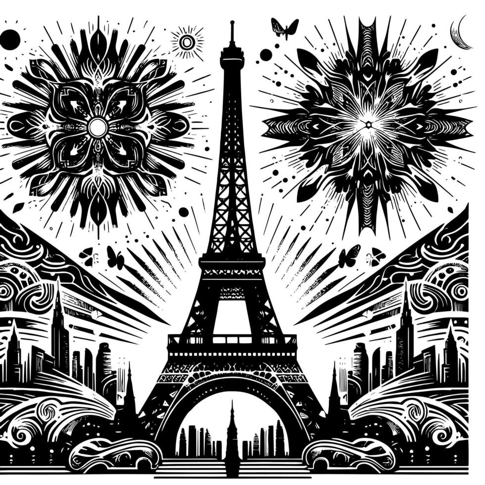 Preto e branco ilustração do a eiffel torre passeios turísticos dentro Paris vetor