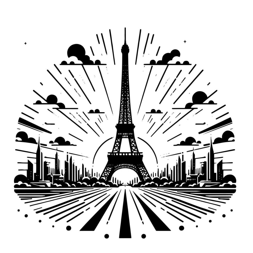 Preto e branco ilustração do a eiffel torre passeios turísticos dentro Paris vetor