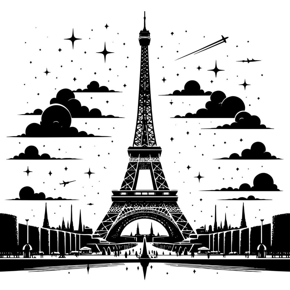 Preto e branco ilustração do a eiffel torre passeios turísticos dentro Paris vetor