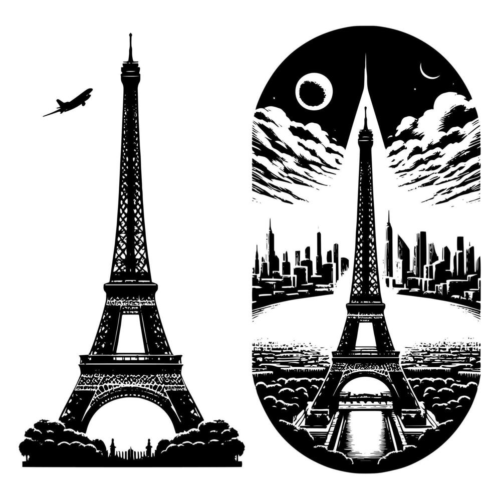 Preto e branco ilustração do a eiffel torre passeios turísticos dentro Paris vetor