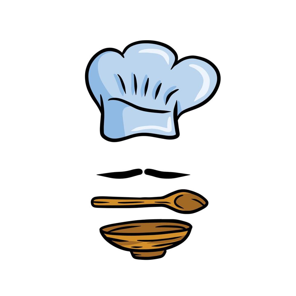 chefe de cozinha chapéu. de madeira colher. desenho animado desenhado ilustração. cozinhar branco roupas. elemento do a restaurante e cafeteria vetor