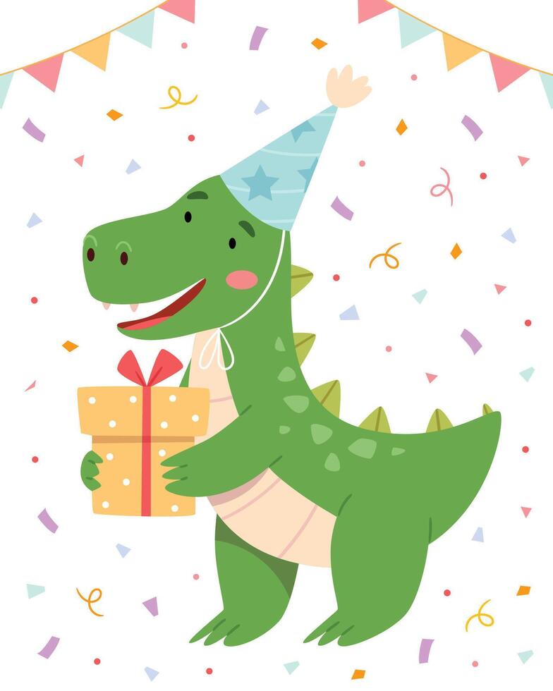 engraçado aniversário dinossauro desenho animado personagem com uma festa chapéu segurando uma presente caixa. vetor