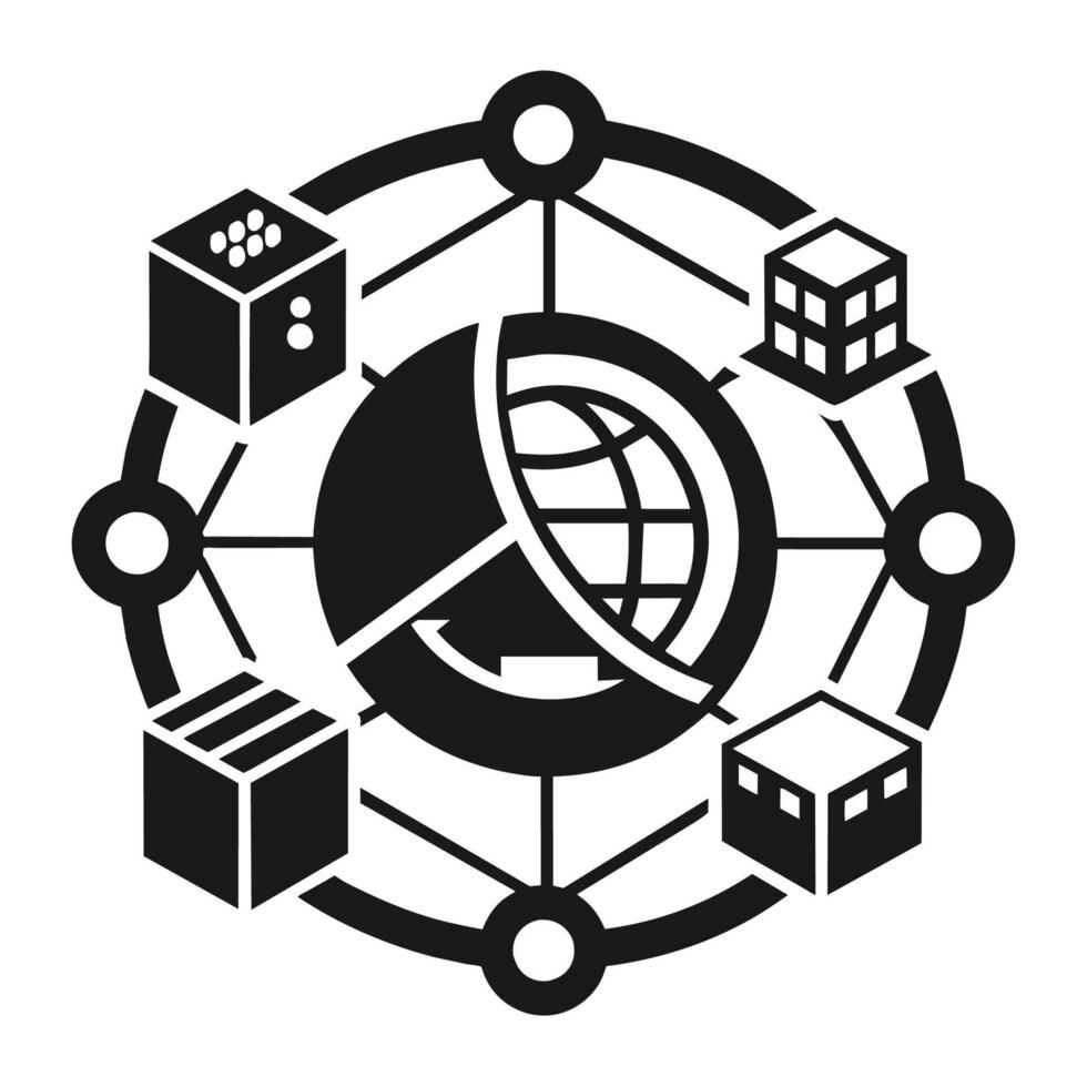 Preto e branco logotipo apresentando uma círculo conectado para cubos, simbolizando interconexão e unidade, uma monocromático logotipo simbolizando a interligação do fornecem correntes vetor